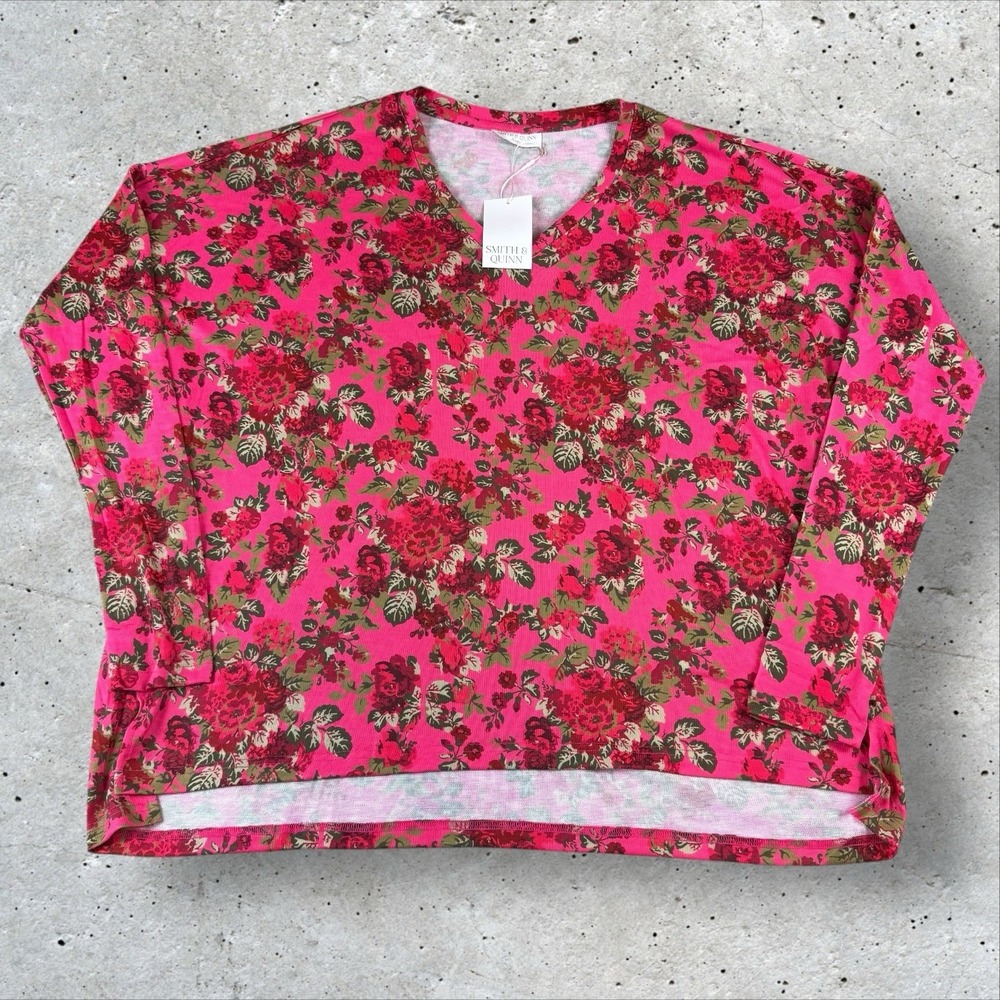 NWT Smith & Quinn Long Sleeve Floral T-Shirt Knit V-Neck Blouse Size Large